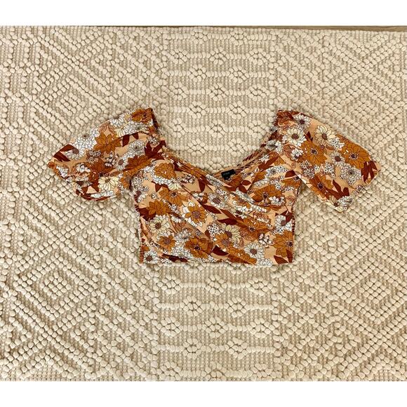 J. Crew Brown Zinnia Floral Retro Puff Sleeve Cropped Smocked Top Medium - Picture 2 of 6